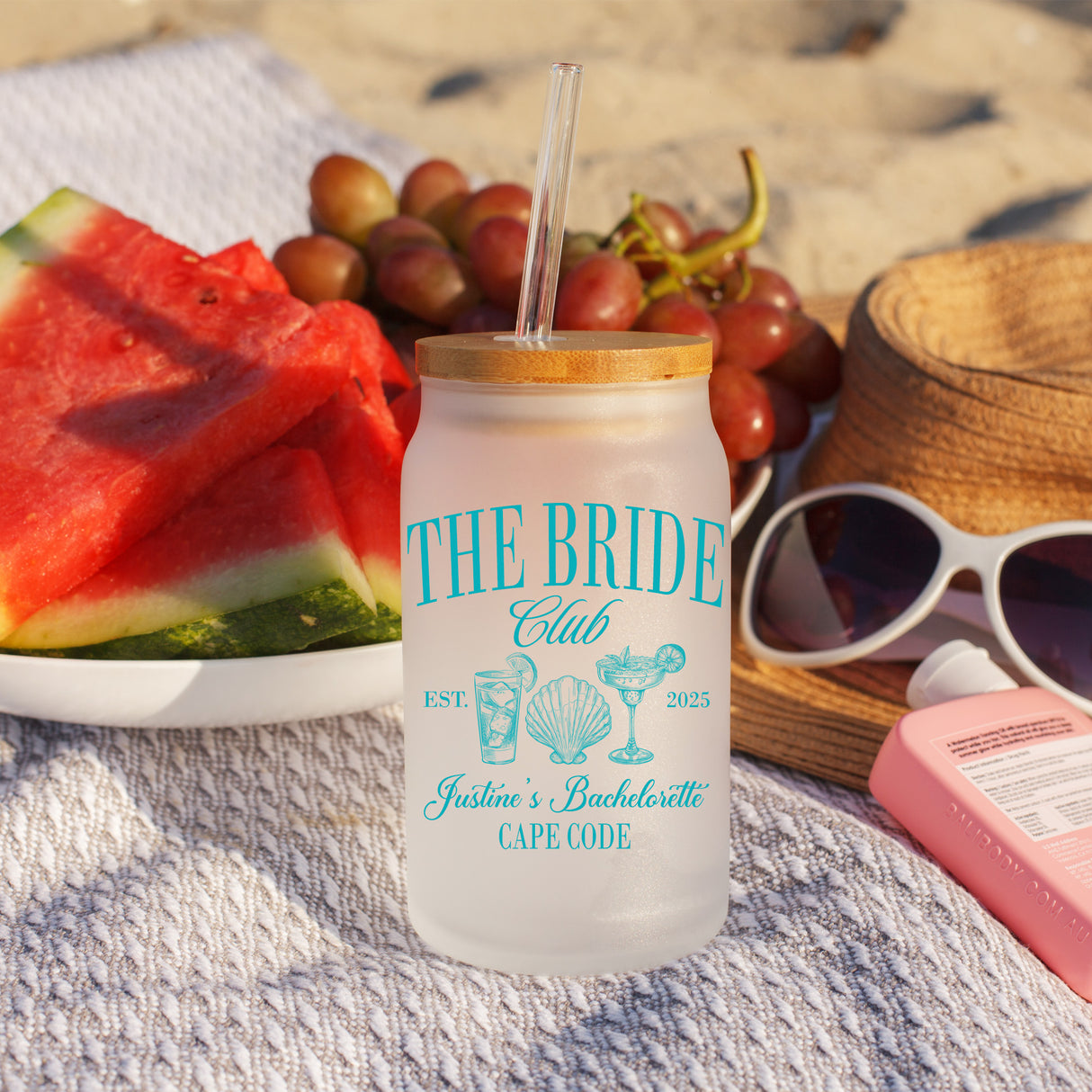 Bachelorette party iced coffee cup with beach location, made for bridesmaid proposal boxes and wedding party gift sets.