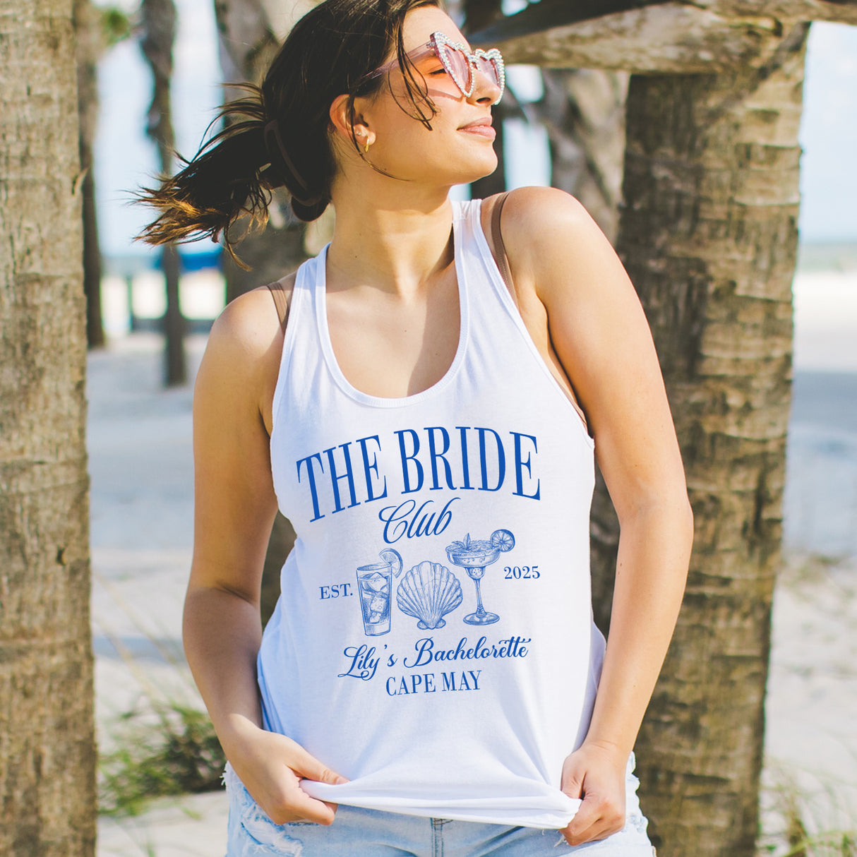 Personalized bride and The Bach Club beach party tanks, ideal custom gifts for bachelorette weekends and bridal party celebrations.