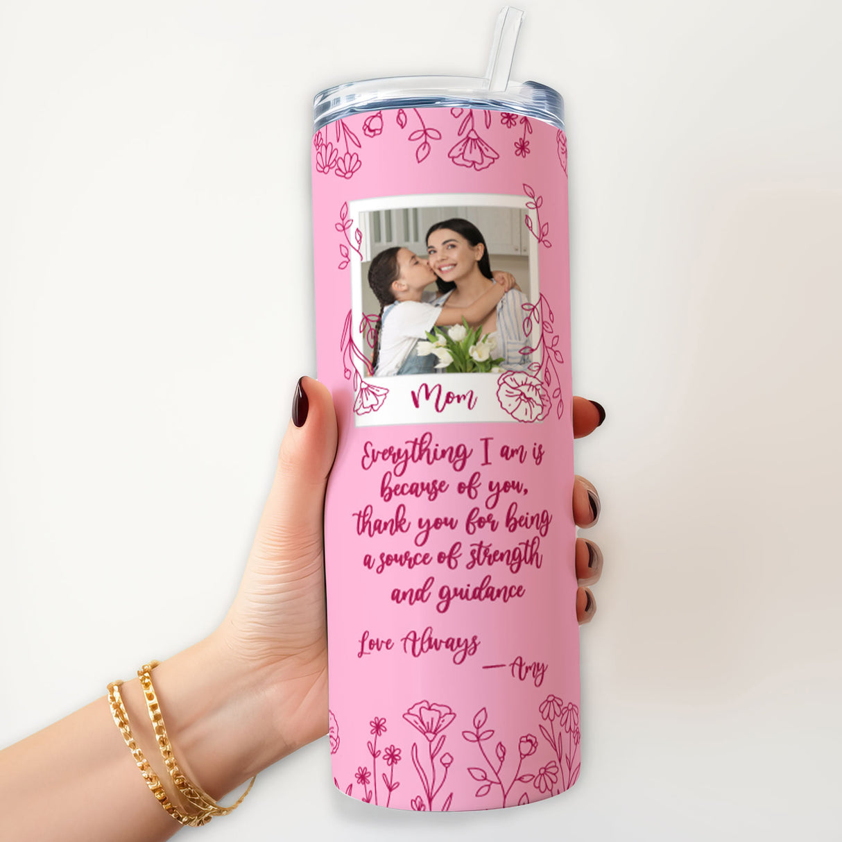 Personalized tumbler for mother's day with floral and photo collage design, great gift for Mom.