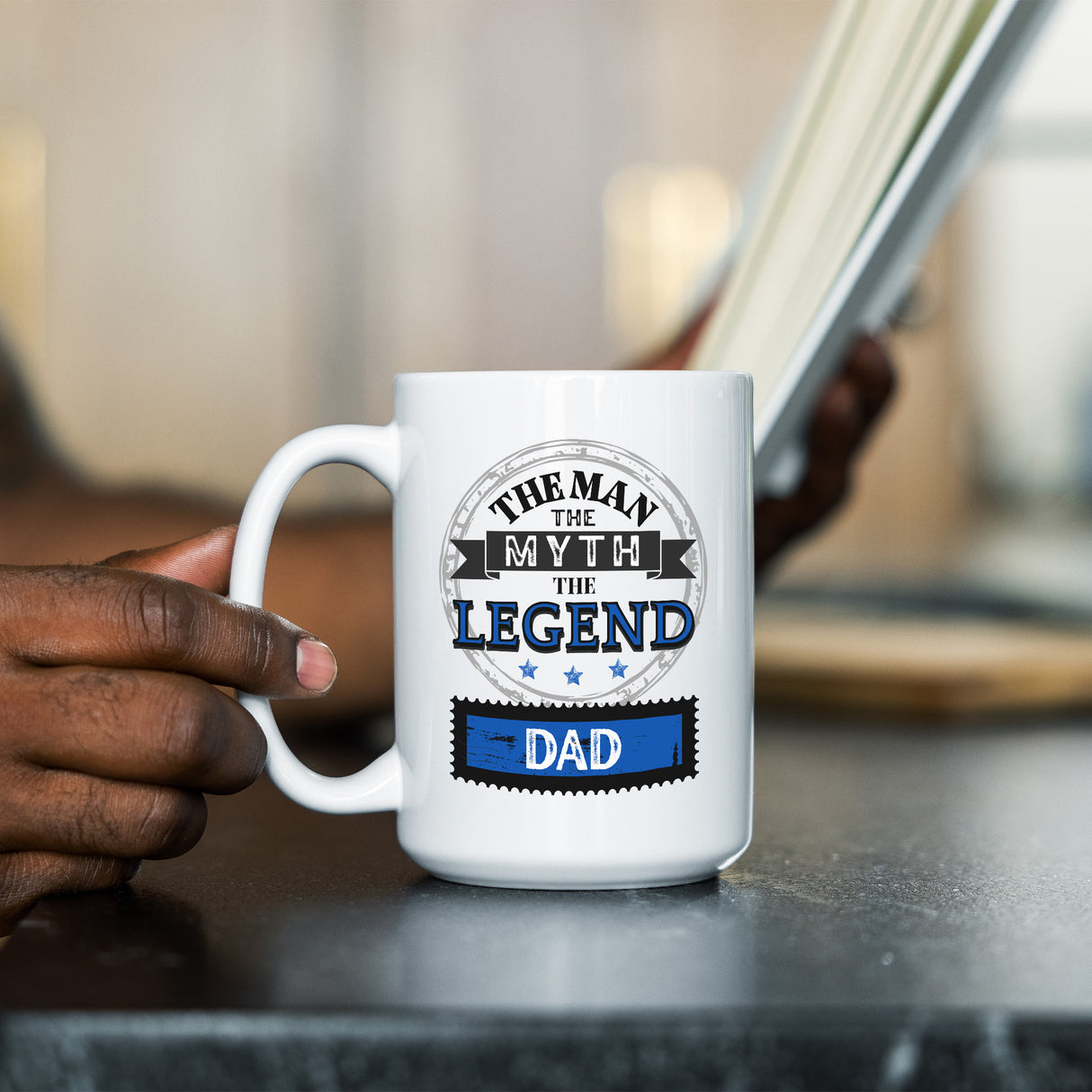 Unique Father's Day coffee mug personalized for dad, stepdad, or grandma with legendary dad quote and name personalization.