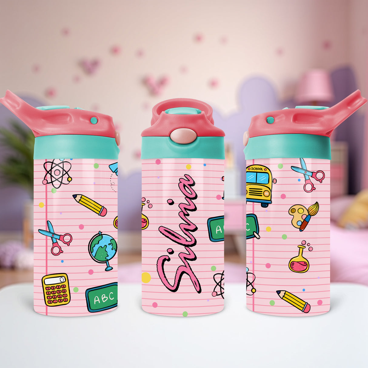 Personalized school water bottle for kids with name printed for preschool elementary and middle school students.