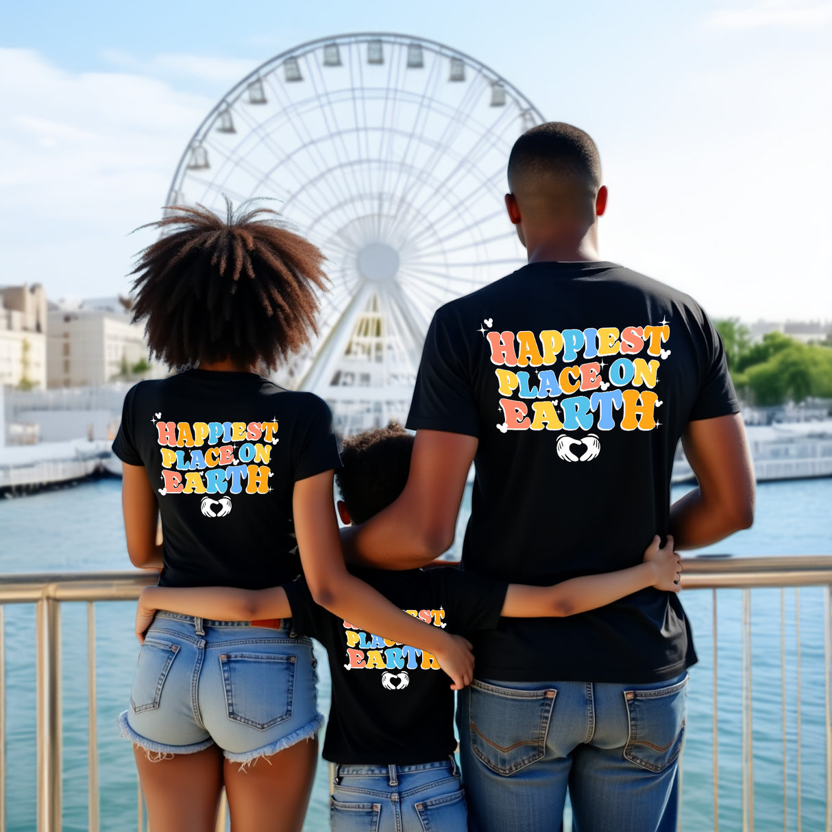Family matching shirts for family vacation at theme park.
