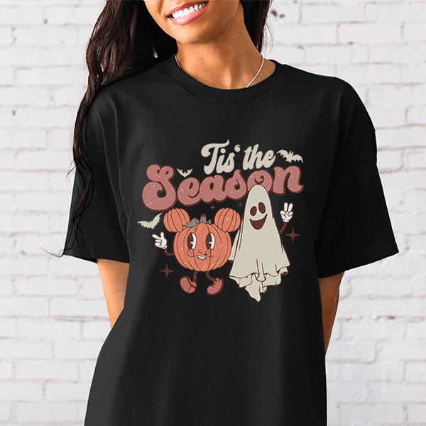 Tis the Season Halloween Crewneck TShirt for teens and adults. Featuring a cute halloween pumpkin and peace ghosts. all SKUs