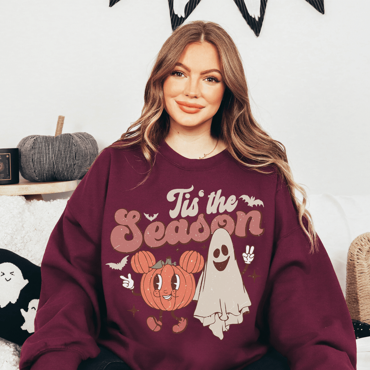 Tis The Season Halloween Sweatshirt in Maroon. Features full graphical design for the season with pumpkin and ghosts. all SKUs