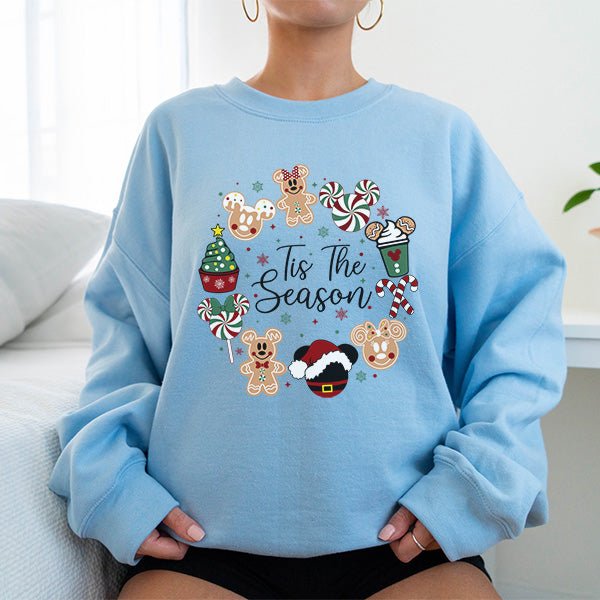 Cute Gingerbread and Candy Cane Tis The Season Christmas Sweatshirt for All Ages - Gifts Are Blue