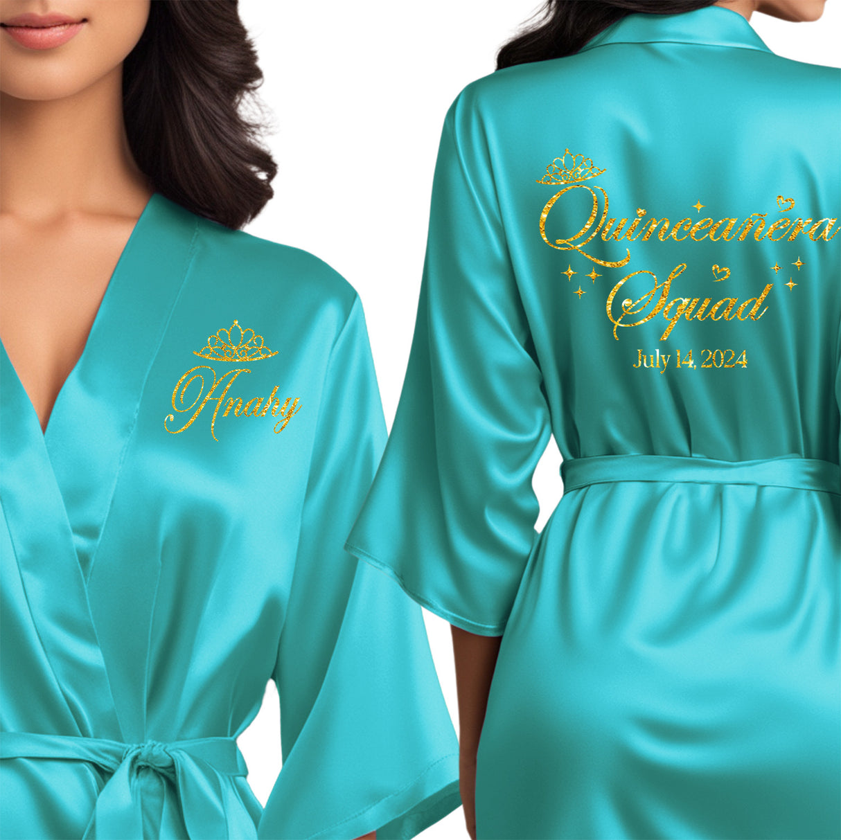 The perfect personalized satin turquoise blue quince robes for the entire quinceanera squad.