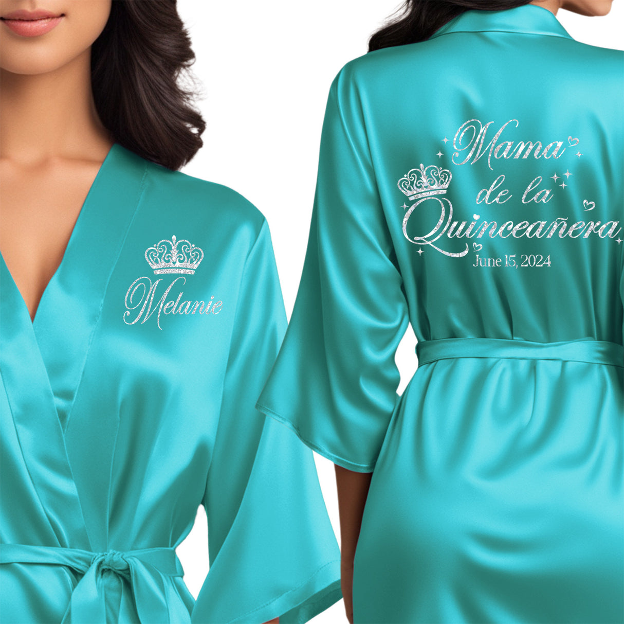 Personalized satin mama de la quinceanera robes. Turquoise blue quince robes with silver glitter.