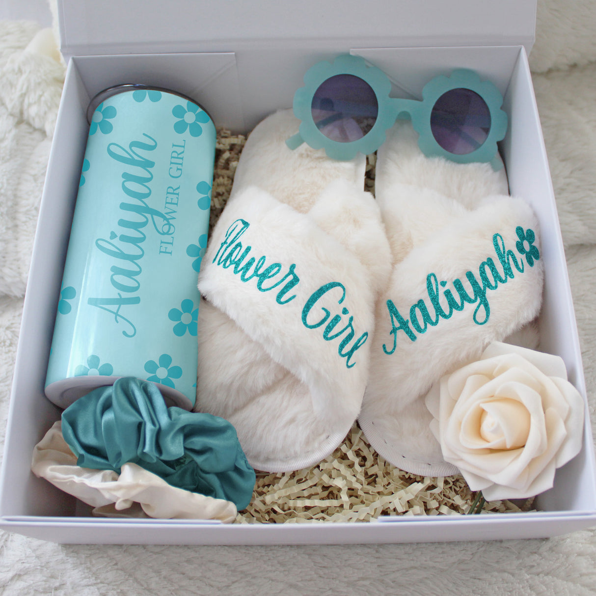 Turquoise blue flower girl proposal gift box, unique personalized present from bride to flower girl.