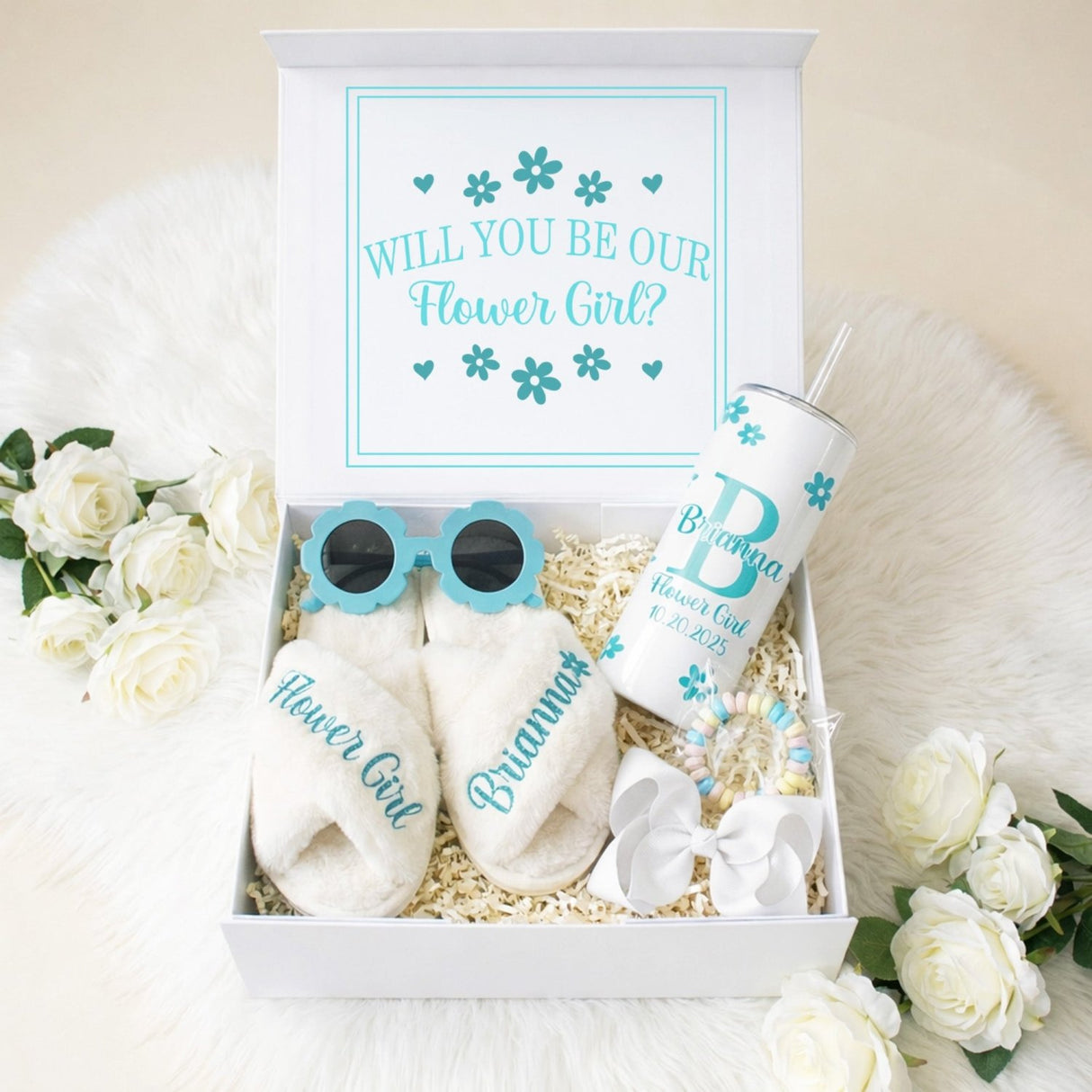 Sweet Pea Flower Girl Proposal Box with Fluffy Slippers & Tumbler - Gifts Are Blue
