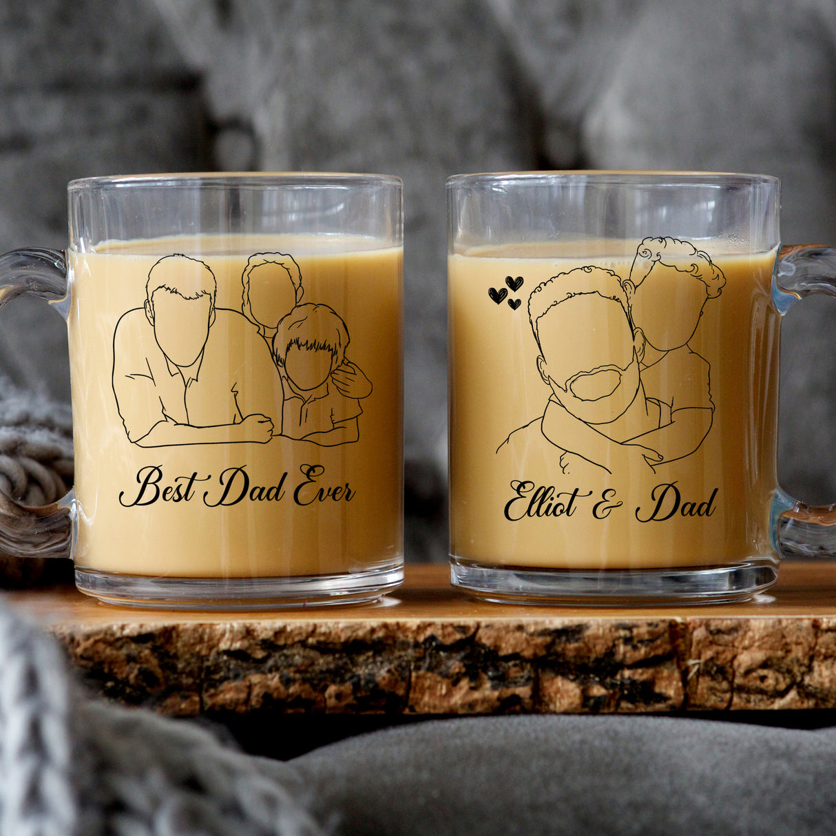 Custom illustrated dad glass mug with family photo turned into minimalist line drawing, perfect gift for dad from kids or wife.