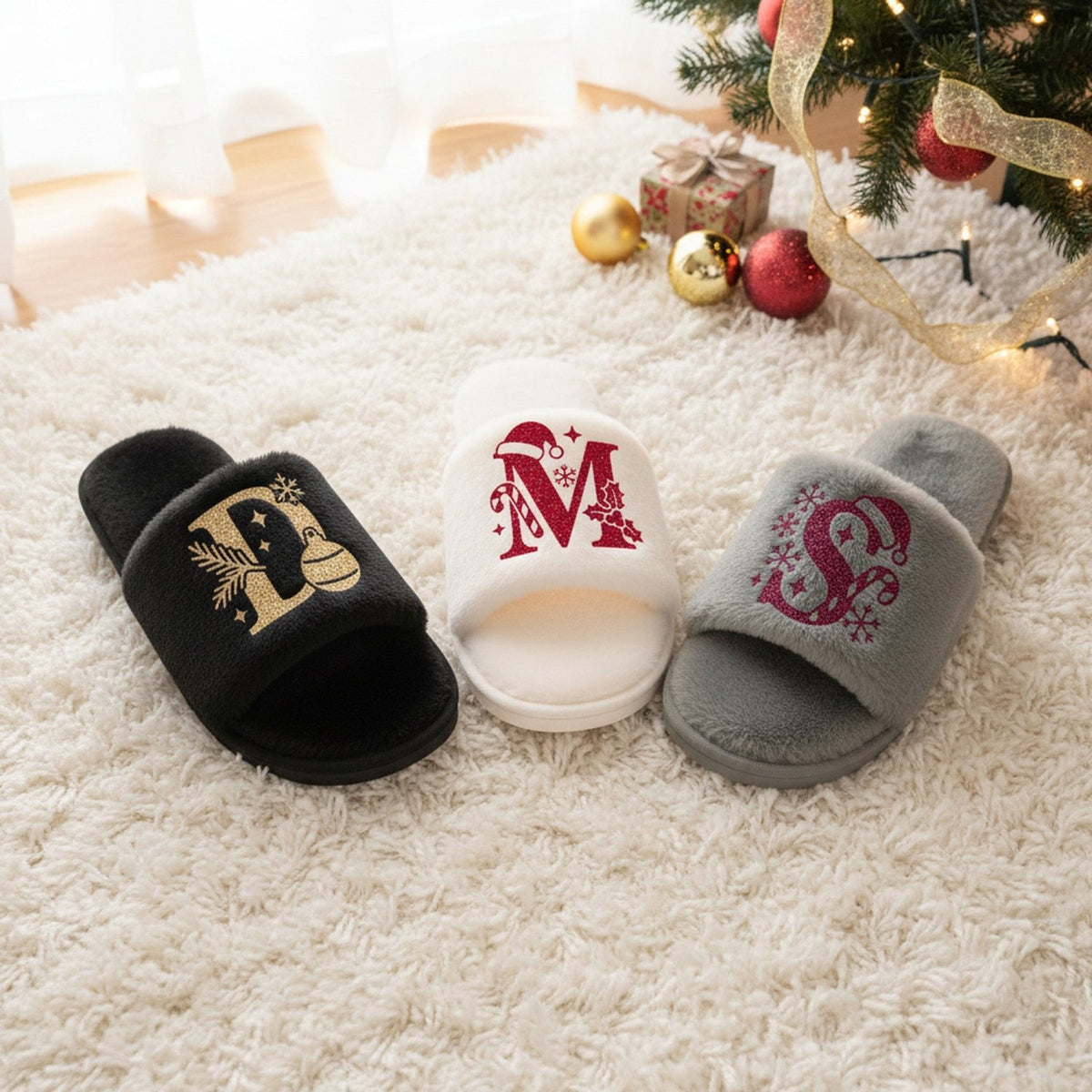 Initials Personalized Fluffy Christmas Slippers for Her - Gifts Are Blue