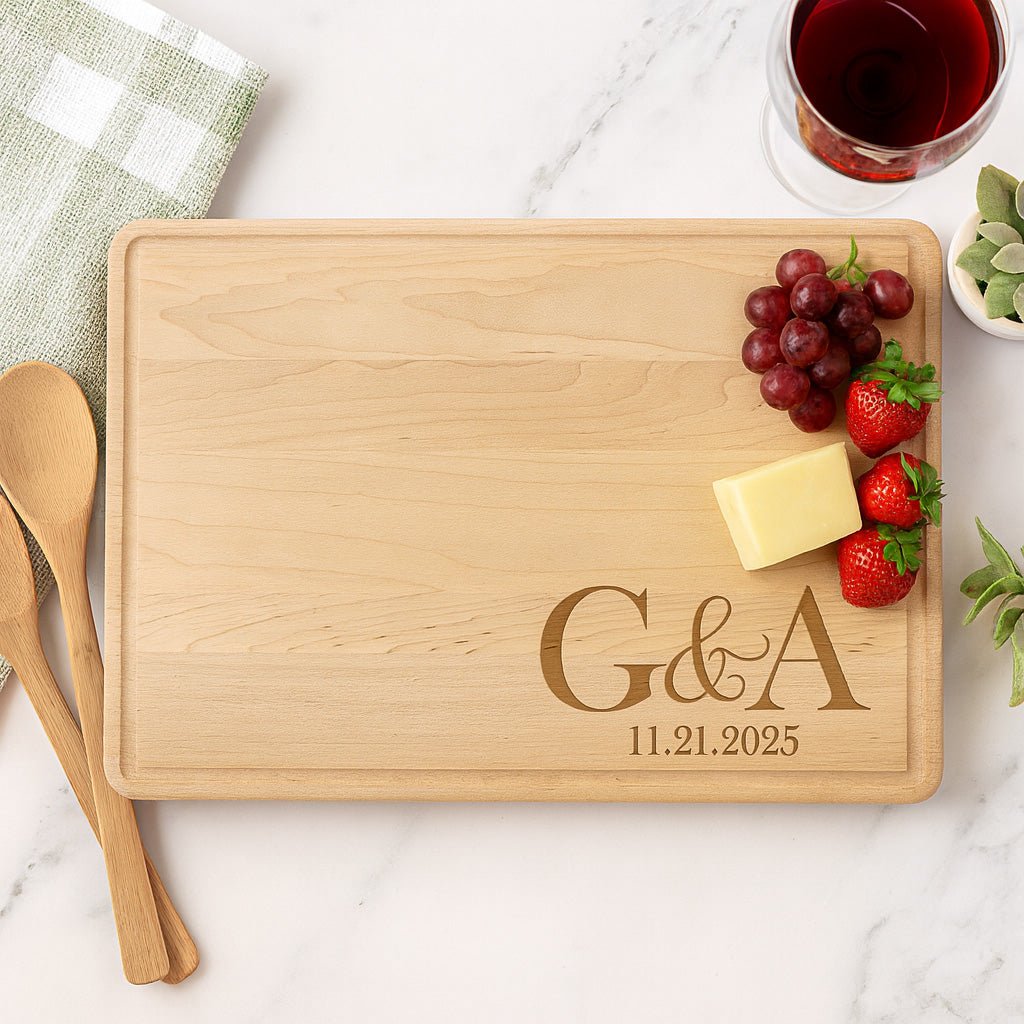 Simple initials personalized cutting board gifts for couples in the maple color. Great custom wedding gift and anniversary presents.