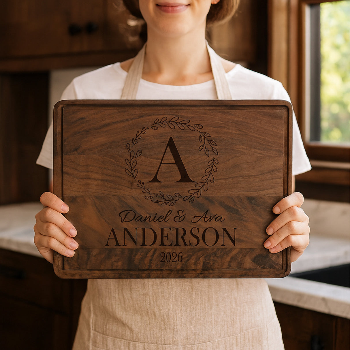 Dark walnut personalized cutting board gift.
