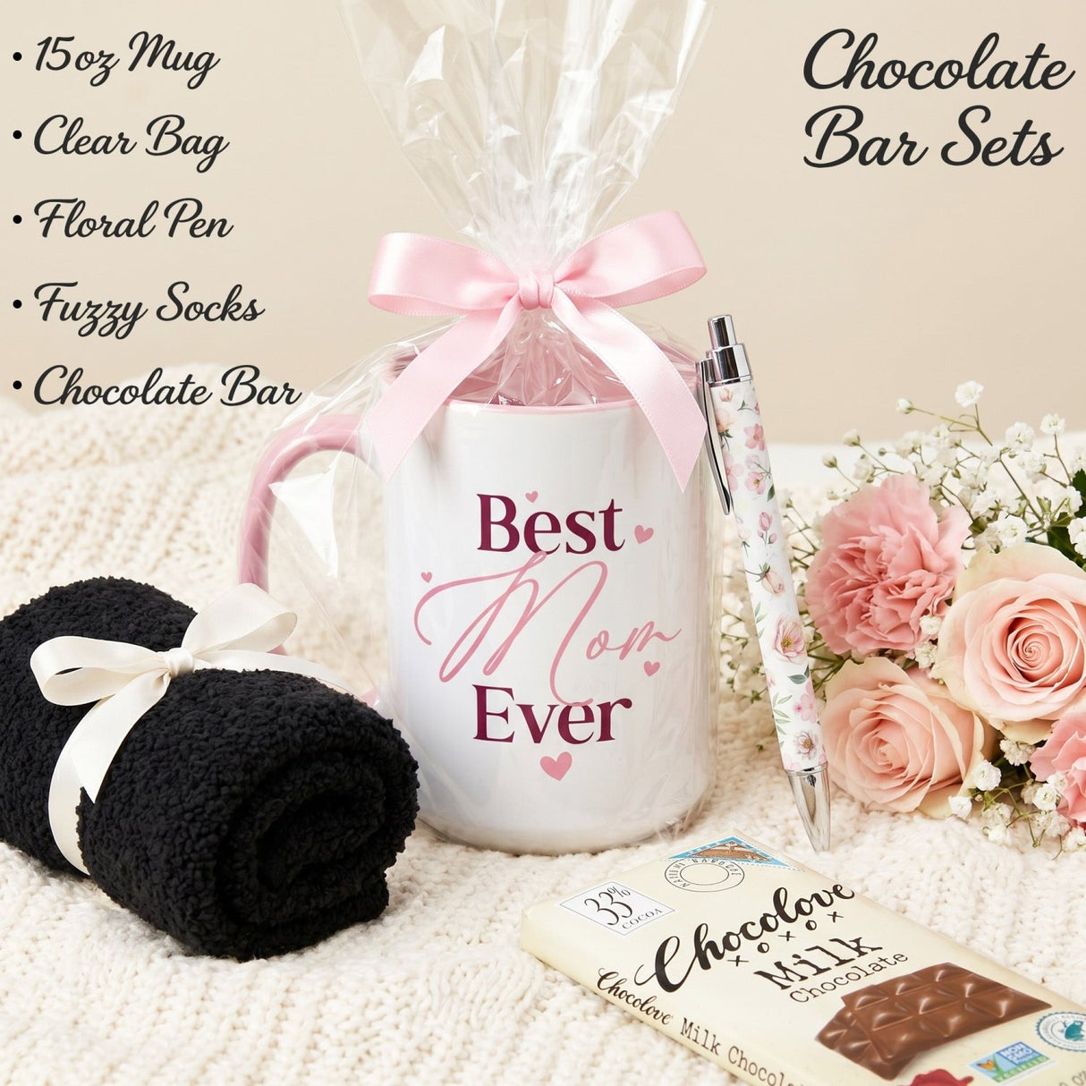 Best Mom Ever Mug Gift Set with Chocolate, Socks & Pen - Bulk Gifts for Women - Gifts Are Blue
