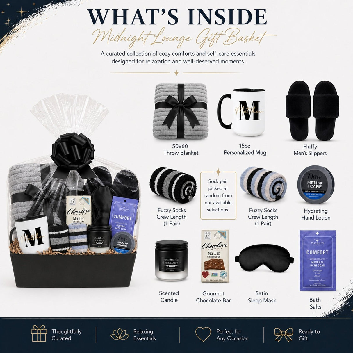 Midnight Lounge Self Care Gift Basket for Men with Slippers and Blanket - Gifts Are Blue