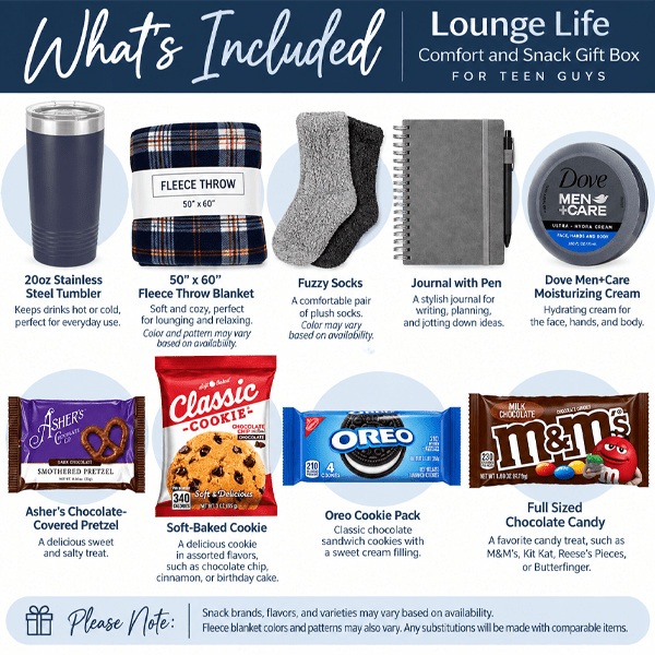 Lounge Life Comfort and Snack Gift Box for Teen Guys - Gifts Are Blue