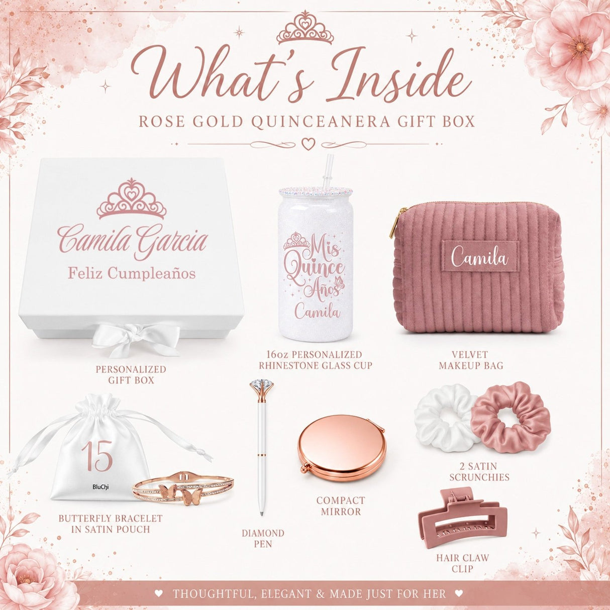 Rose Gold Quinceanera Gift Box w Rhinestone Cup and Bracelet - Gifts Are Blue