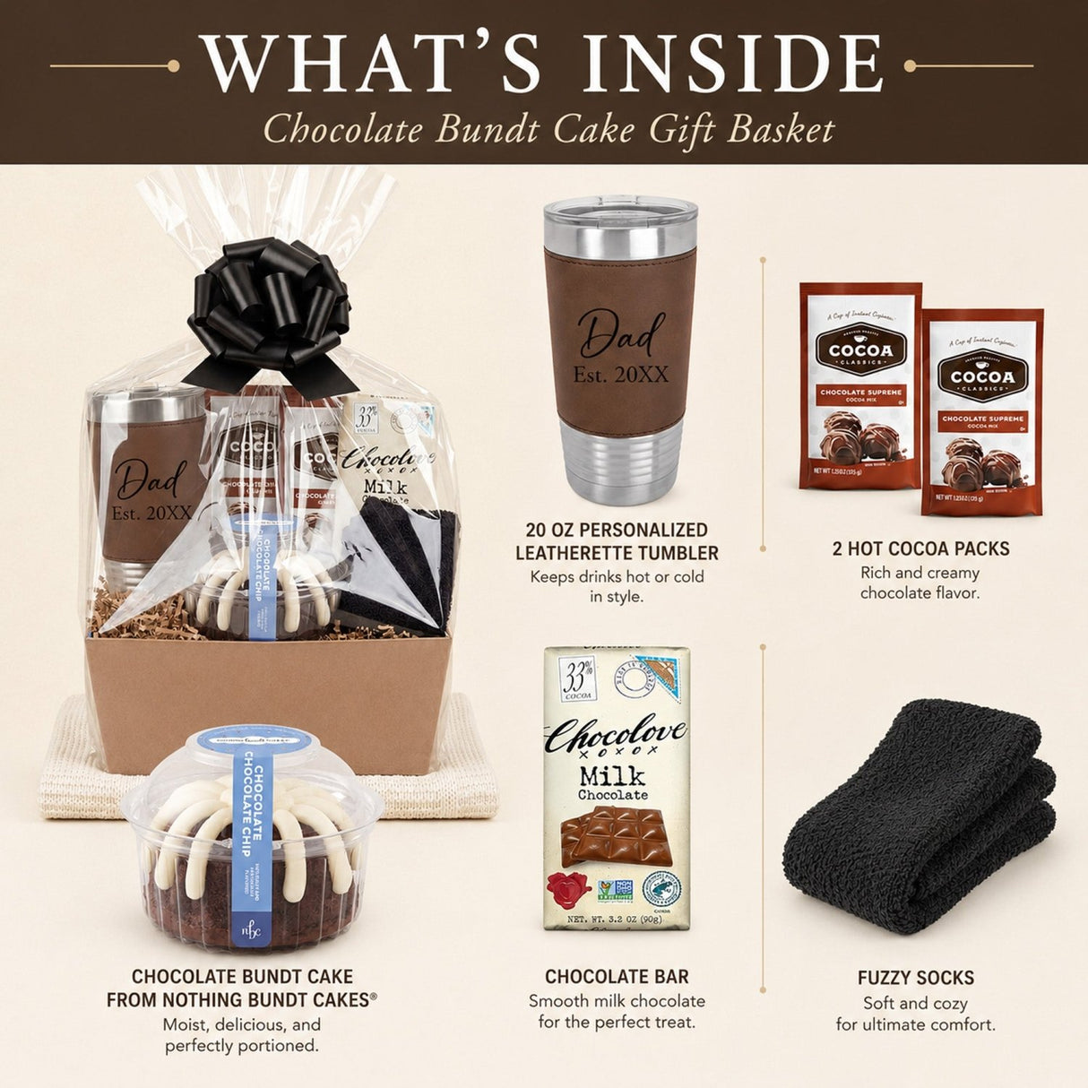 The Chocolate Bundt Gift Basket for Men - Deluxe with Tumbler, Cake, & Candy Bar - Gifts Are Blue