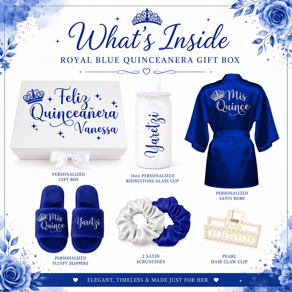 Royal Blue Deluxe Quinceanera Gift Box with Mis Quince Robe & Slippers - Gifts Are Blue