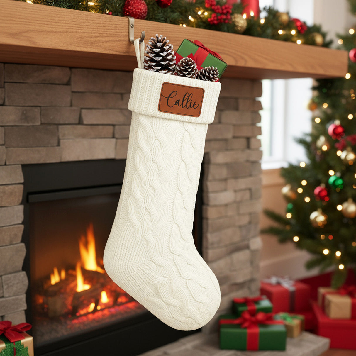 White cable knit 18-inch Christmas stocking personalized with name for family, friends, kids and dogs. Custom leather patch attached to stocking.