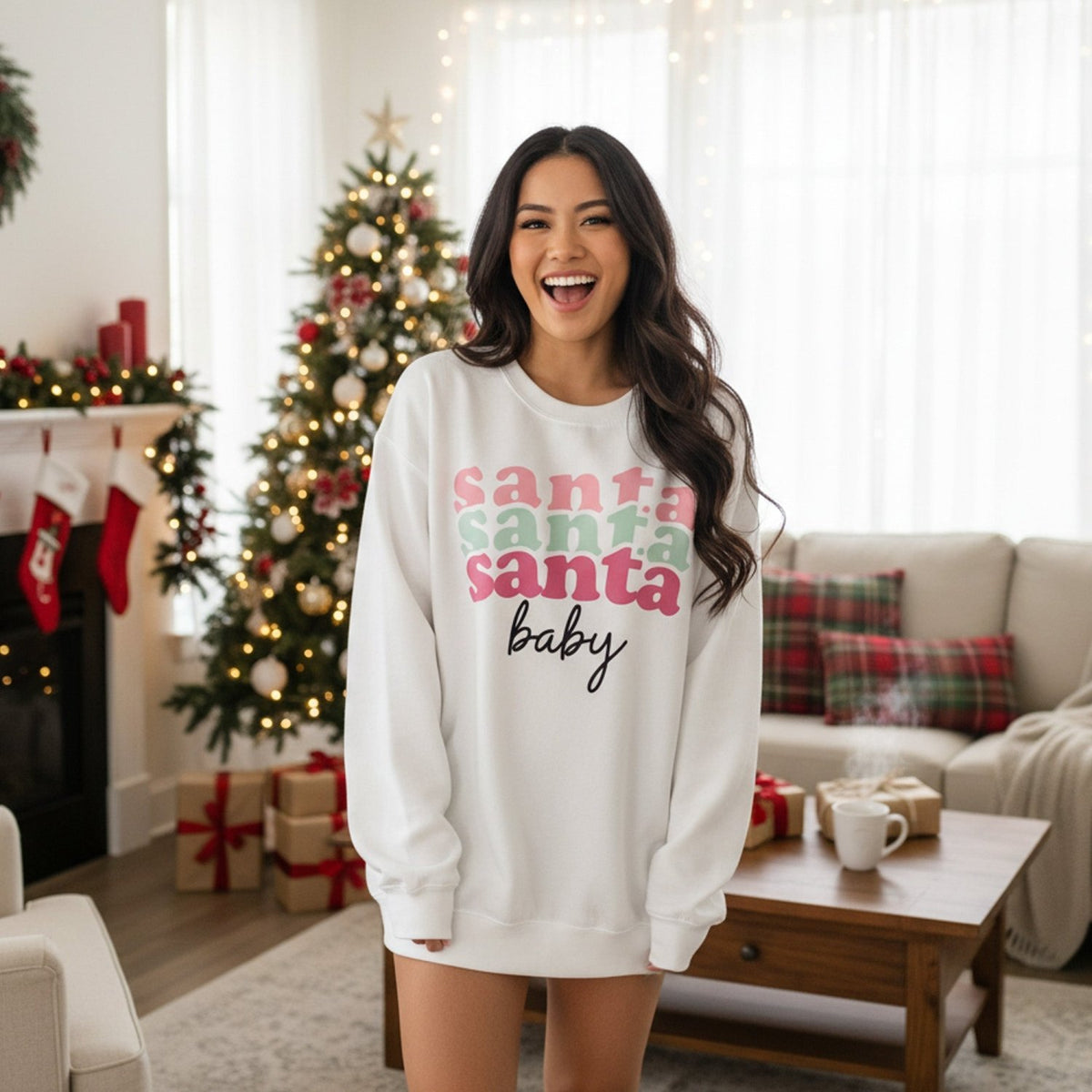 Pink Santa Baby Christmas Sweatshirt for Women and Teen Girls - Gifts Are Blue