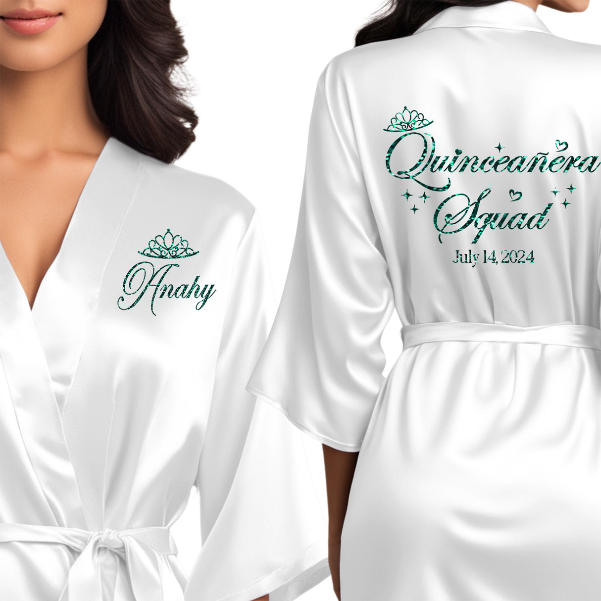 The perfect personalized satin white quince robes for the entire quinceanera squad.