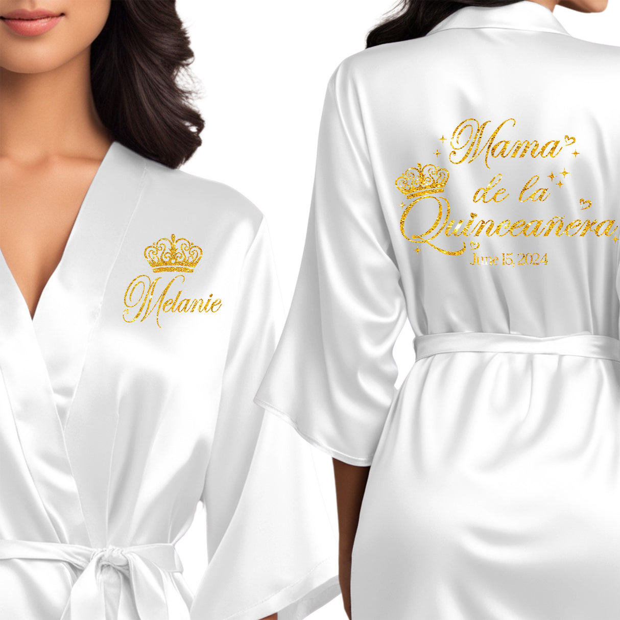 Personalized satin mama de la quinceanera robes. White quince robes with gold glitter design.