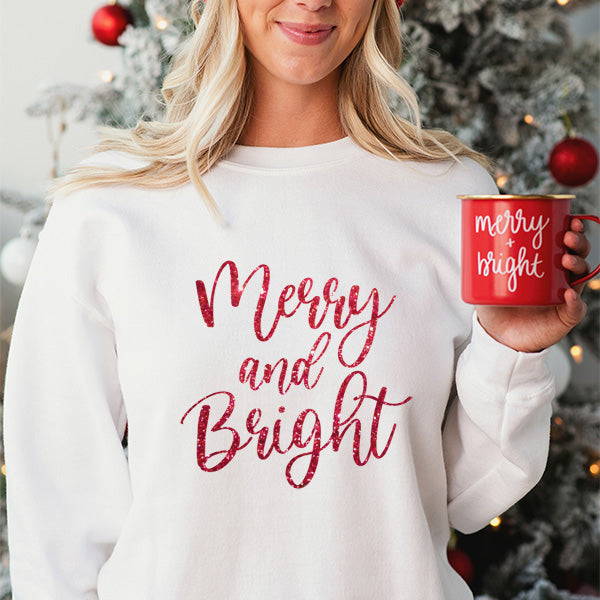 Merry and Bright Christmas Holiday Sweatshirt with Red Glitter text. all SKUs