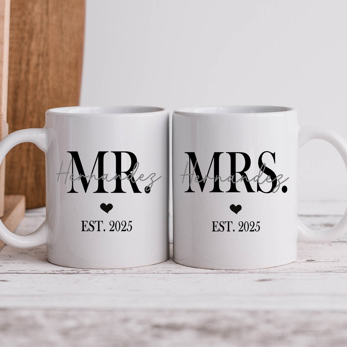 Personalized Mr. and Mrs. coffee mug set with custom names and wedding date, perfect for couples, newlyweds, engagement gifts, or anniversary presents.