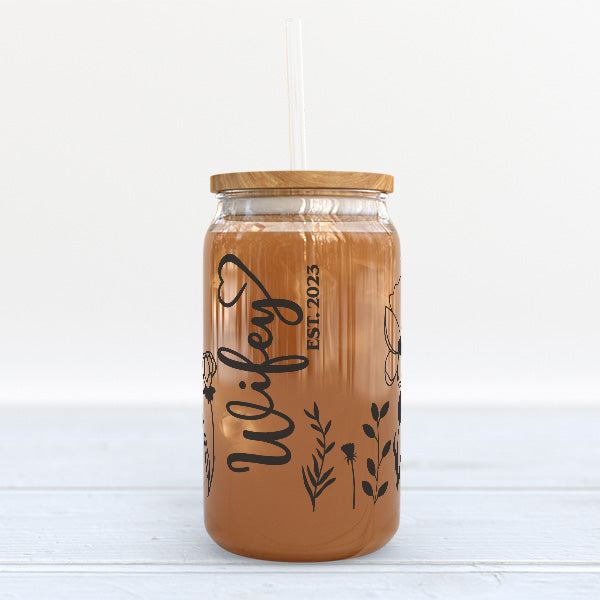 Simple Floral Wifey Iced Coffee Glass Tumbler Personalized with Year Established