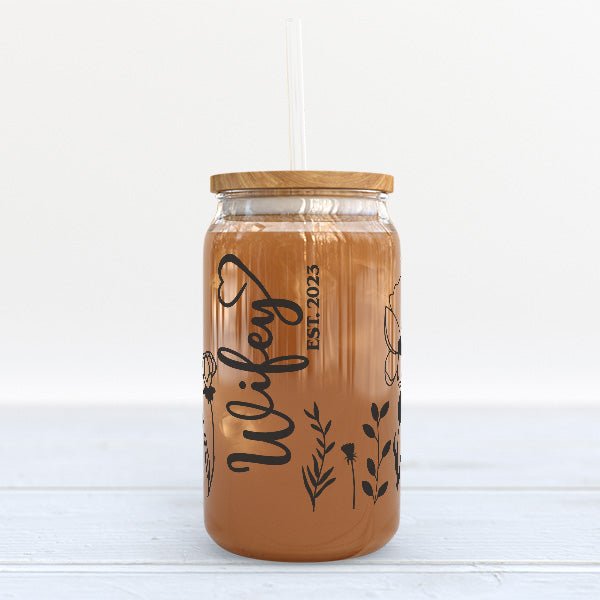 Simple Floral Wifey Iced Coffee Glass Tumbler Personalized with Year Established - Gifts Are Blue