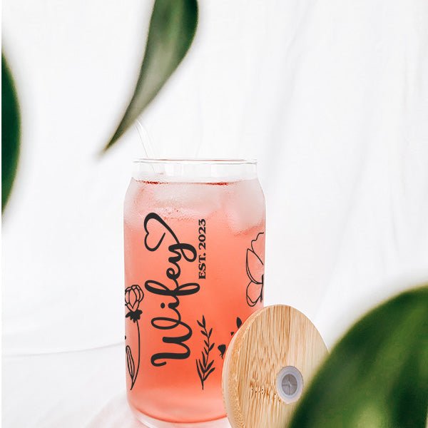 Simple Floral Wifey Iced Coffee Glass Tumbler Personalized with Year Established - Gifts Are Blue