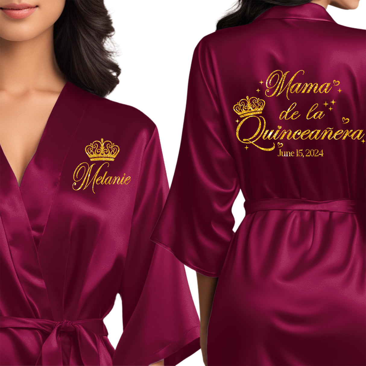 Personalized satin mama de la quinceanera robes. Wine burgundy quince robes with gold glitter.