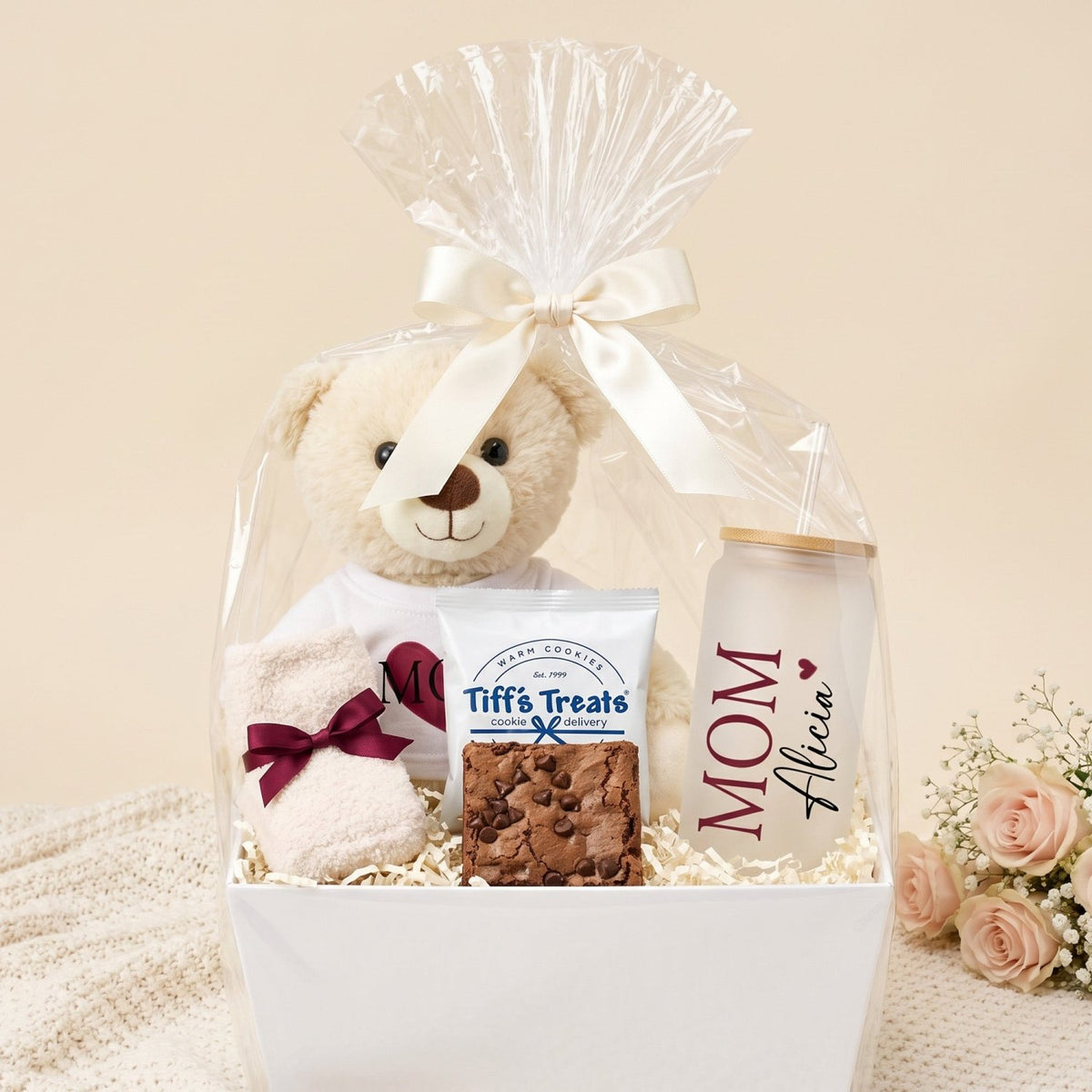 Brownie Bliss Basket Gift for Mom with Teddy Bear & Personalized Tumbler - Gifts Are Blue