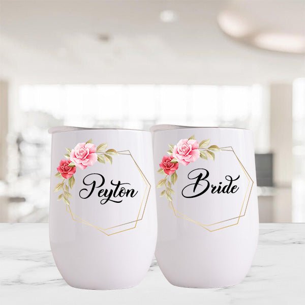 Personalized Bridesmaid Wine Tumblers with Custom Floral Design & Text - Gifts Are Blue