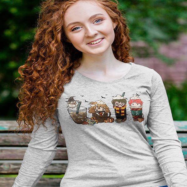 Heather gray long sleeve tee with wizards and latte cups. Great for the Fall/Autumn Season and Halloween. all SKUs