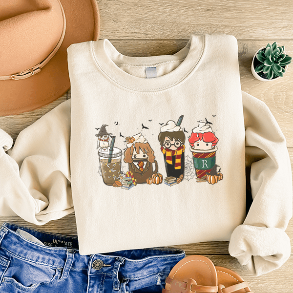 Fall latte cups featuring wizards that are all warm and comfy, with pumpkins and lattes. Great Halloween wear as well. all SKUs