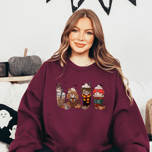 Fall Sweatshirts featuring wizards and latte coffee cups. all SKUs