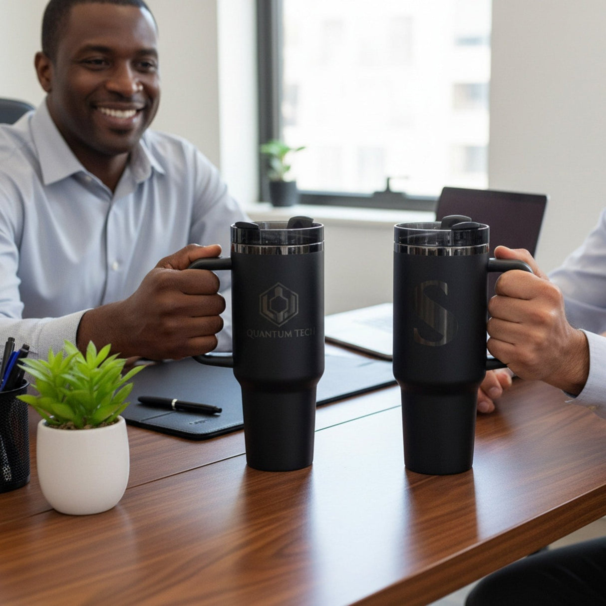 Custom 40oz Black Plated Business Logo Tumblers for Corporate and Small Businesses - Gifts Are Blue