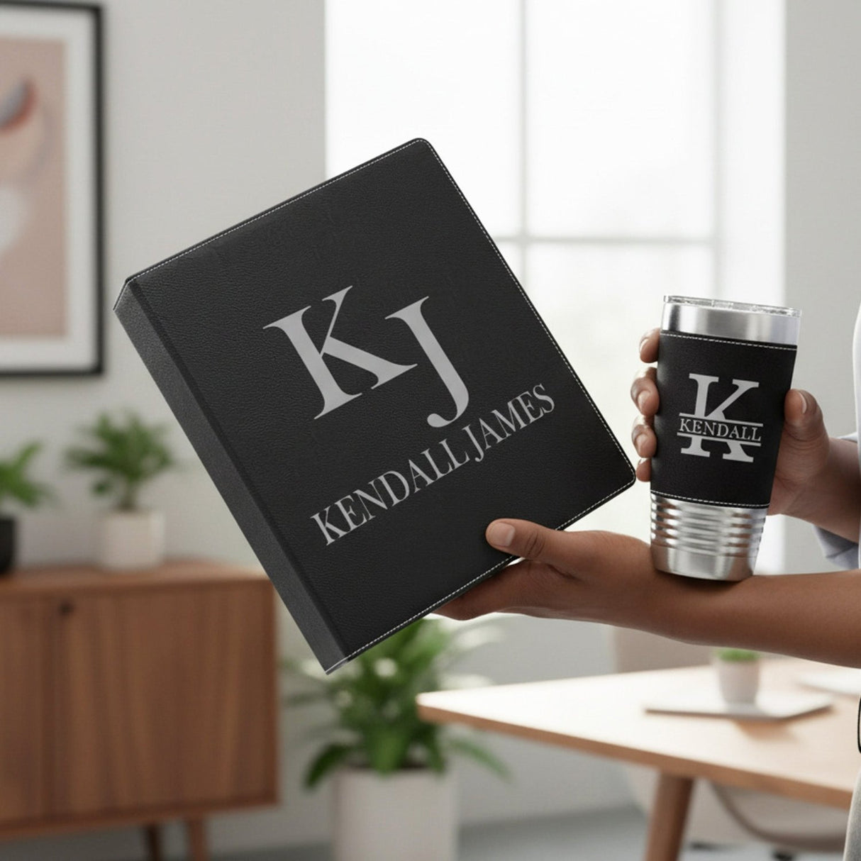 Faux Leather Personalized Binder and 20oz Tumbler Gift Set for Him - Gifts Are Blue