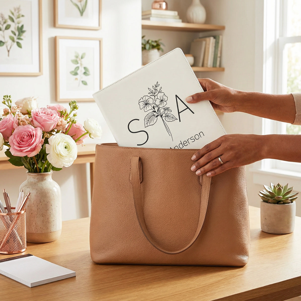 Split Initials w Name Birth Flower Personalized Binder for Her, Faux Leather