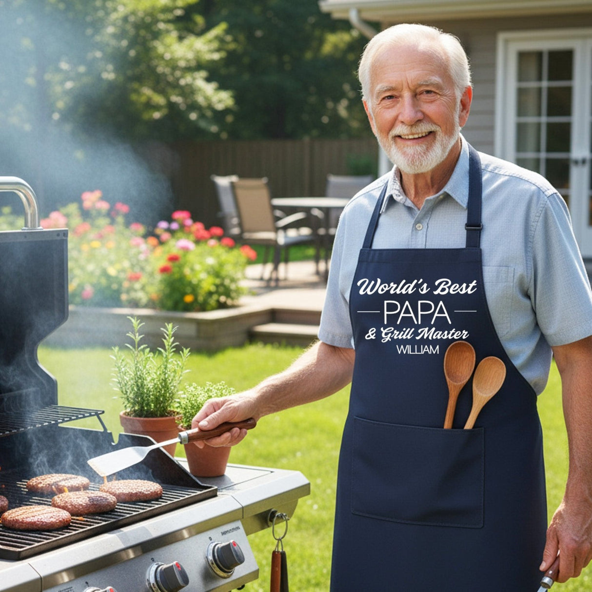 World's Best Grandpa and Grill Master Personalized Apron w Pocket - Gifts Are Blue