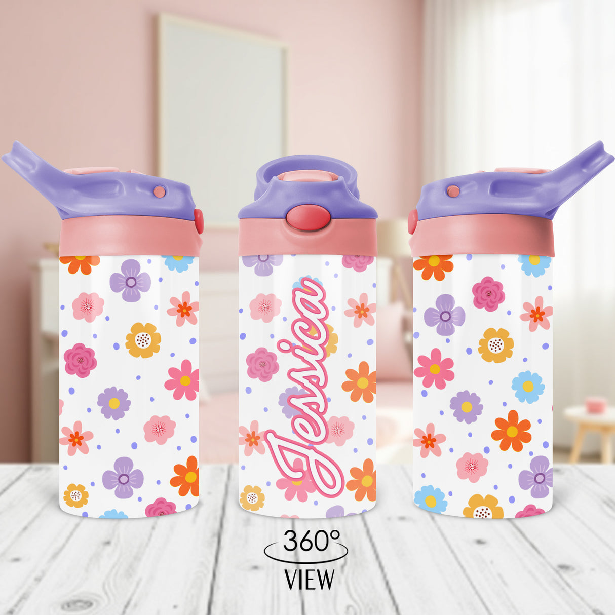 Flower-themed personalized water bottle for kids a fun and practical gift for birthdays or first day of school.