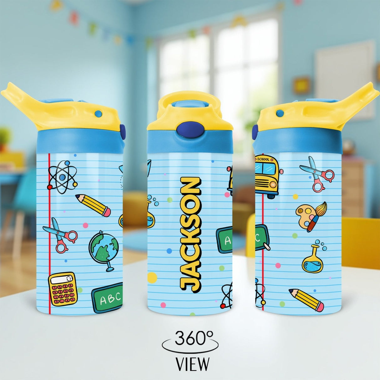 Custom water bottle for kids with name ideal for school lunches preschool and elementary.