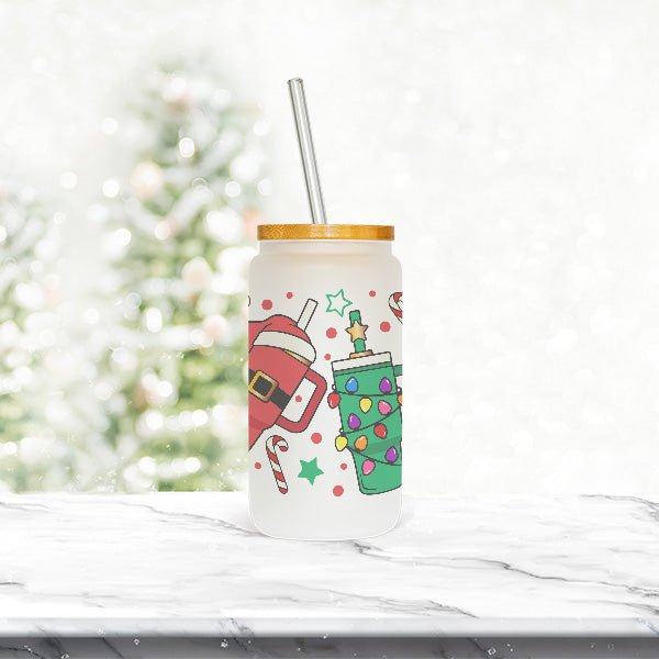 Festive Christmas Frosted Iced Coffee Glass Tumbler - Gifts Are Blue