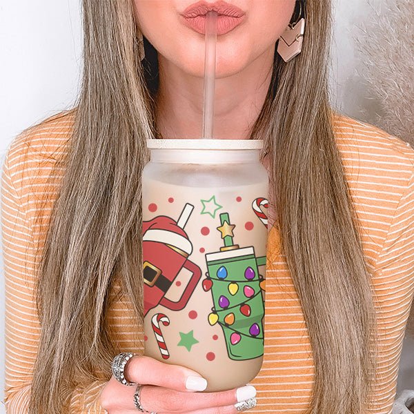 Festive Christmas Frosted Iced Coffee Glass Tumbler - Gifts Are Blue