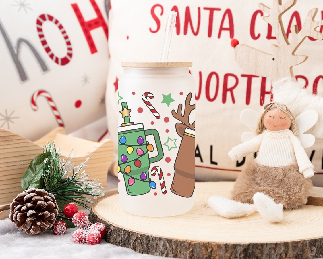 Festive Christmas Frosted Iced Coffee Glass Tumbler - Gifts Are Blue