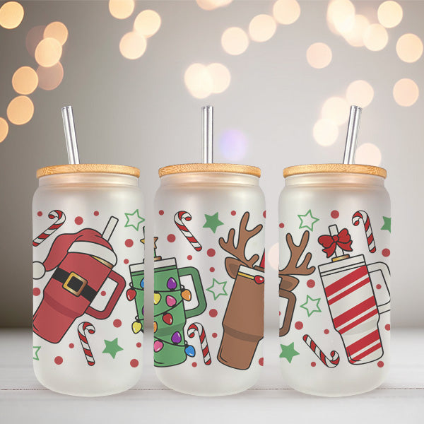 Cute and festive Christmas Frosted Iced Coffee Glass Tumbler