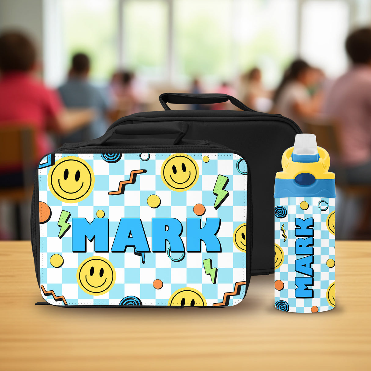 Kids personalized school supplies set including a retro lunch box and water bottle with name, perfect for first day of school.
