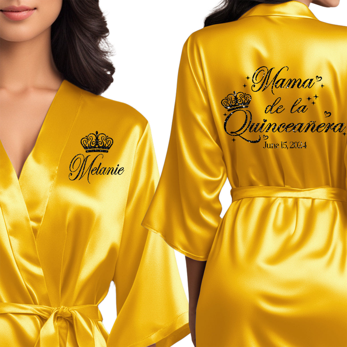 Personalized satin mama de la quinceanera robes. Yellow gold quince robes with black glitter.